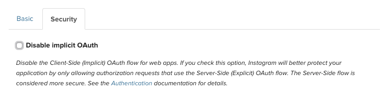 Uncheck 'Disable implicit OAuth'