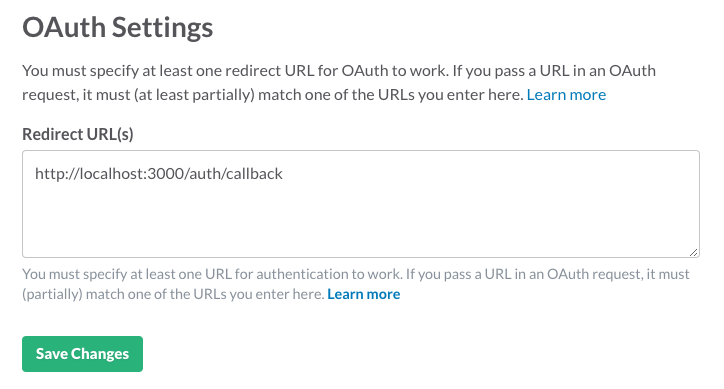 Slack OAuth Settings